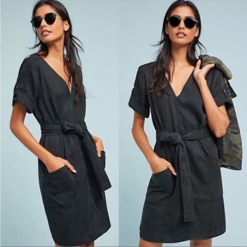 Anthropologie Pilcro &โThe Letterpress Black Dress V-Neck Short Sleeve SizeโXS